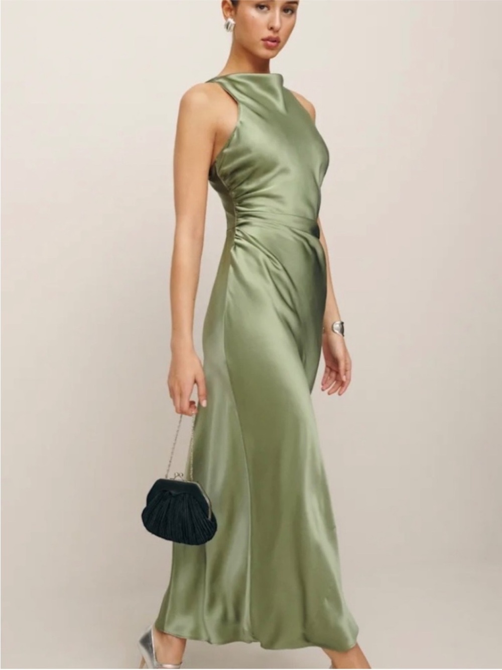 Reformation Olive Satin High-Neck Bias Gown